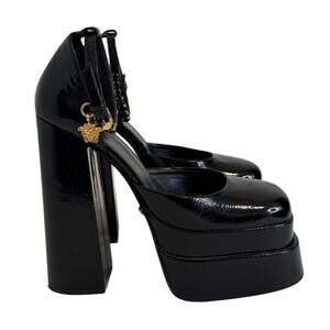 Versace Medusa Aevitas Black Patent Platform Pump 41 Rhinestone Gold Charm Heels
